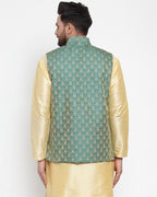 Jompers Men Green-Coloured & Golden Woven Design Nehru Jacket - Distacart