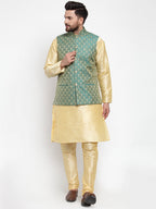 Jompers Men Green-Coloured & Golden Woven Design Nehru Jacket - Distacart
