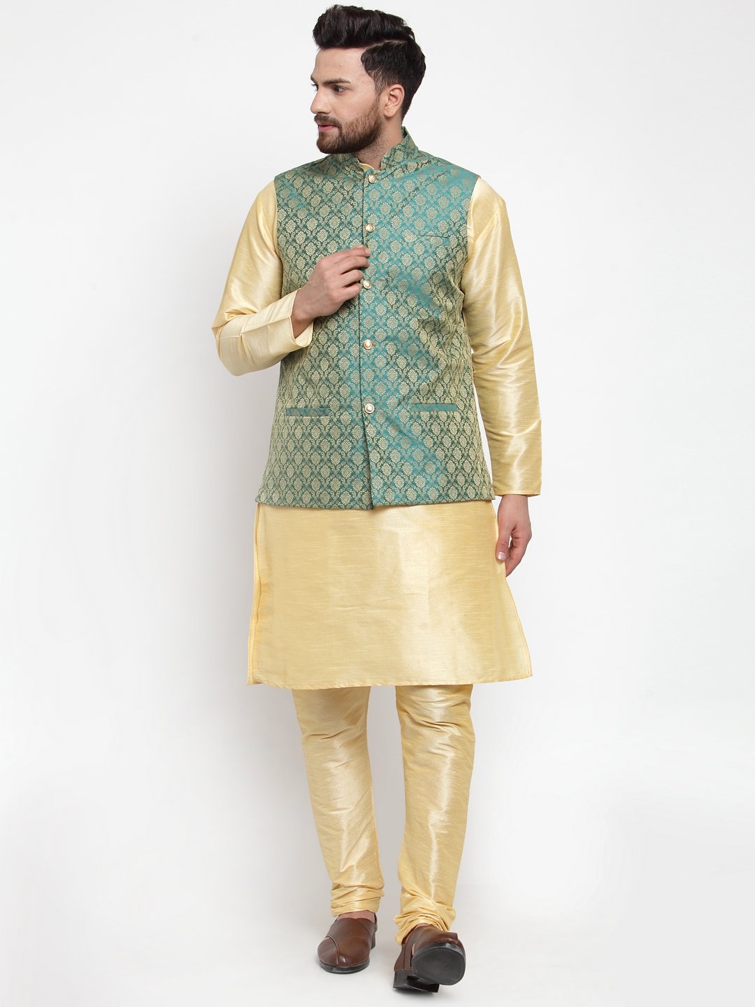 Jompers Men Green-Coloured & Golden Woven Design Nehru Jacket - Distacart