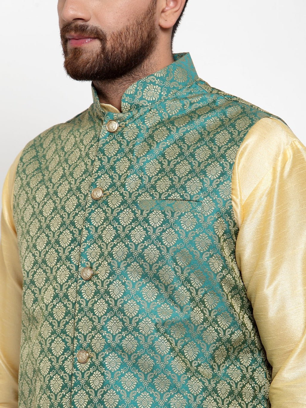 Jompers Men Green-Coloured & Golden Woven Design Nehru Jacket - Distacart