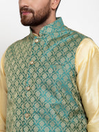 Jompers Men Green-Coloured & Golden Woven Design Nehru Jacket - Distacart