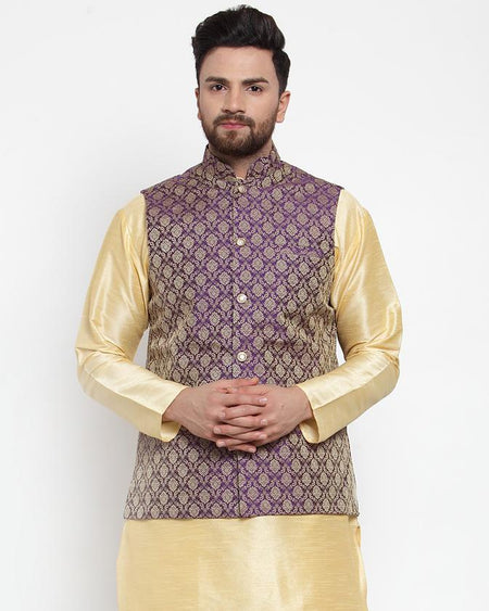 Jompers Men Purple-Coloured & Golden Woven Design Nehru Jacket