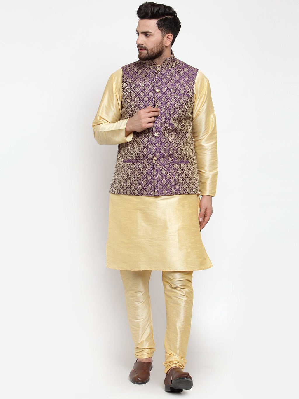 Jompers Men Purple-Coloured & Golden Woven Design Nehru Jacket - Distacart