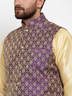 Jompers Men Purple-Coloured & Golden Woven Design Nehru Jacket - Distacart