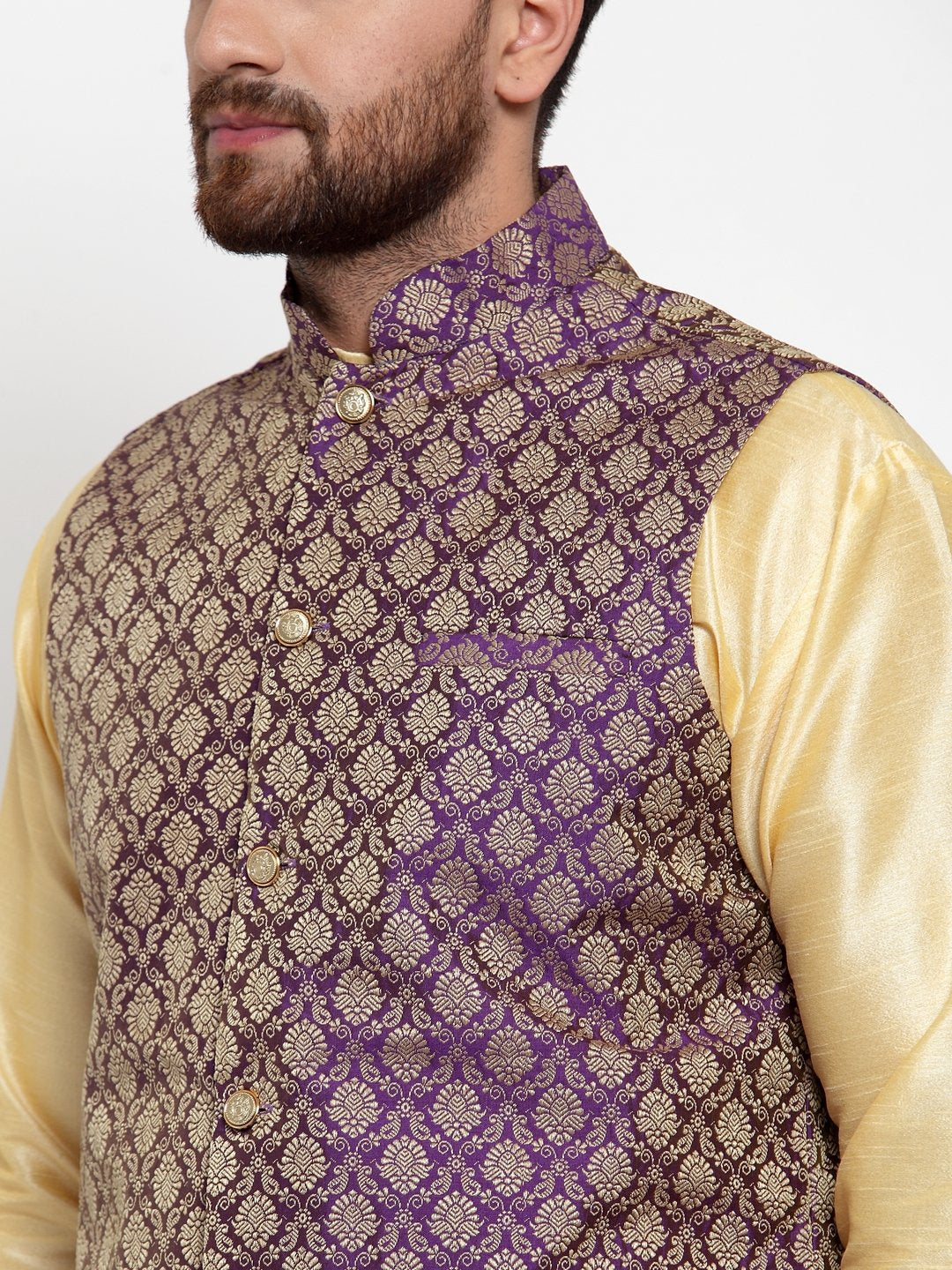 Jompers Men Purple-Coloured & Golden Woven Design Nehru Jacket - Distacart