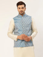 Jompers Men's Sky Blue Woven Design Nehru Jacket