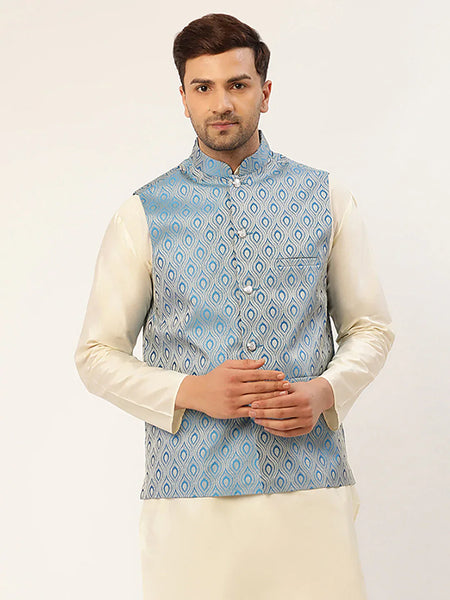 Jompers Men's Sky Blue Woven Design Nehru Jacket