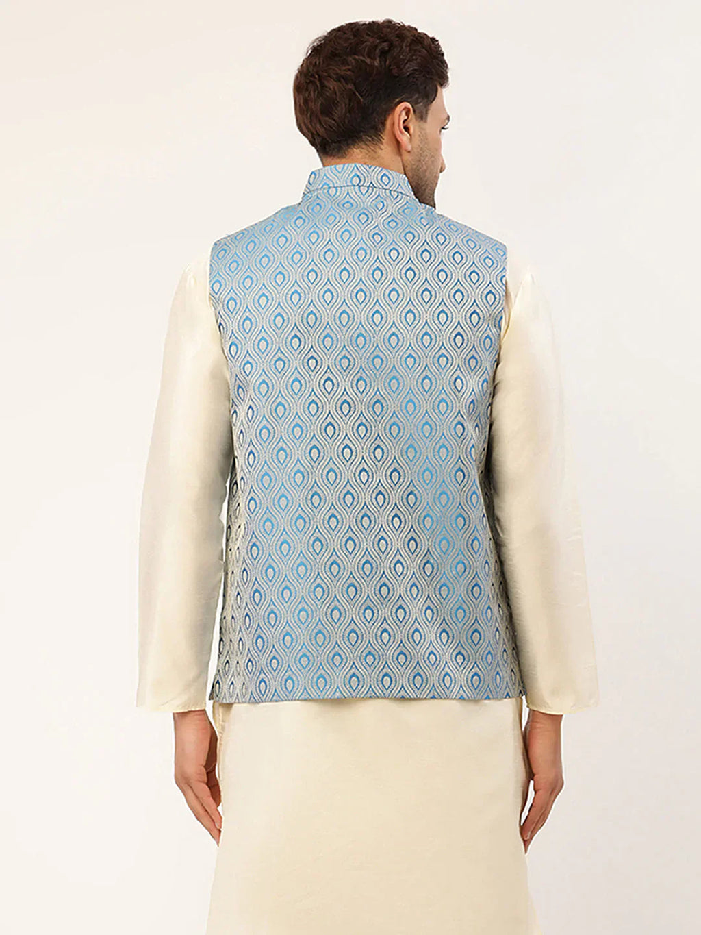 Jompers Men's Sky Blue Woven Design Nehru Jacket