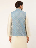 Jompers Men's Sky Blue Woven Design Nehru Jacket