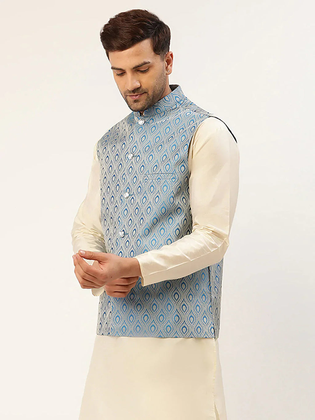 Jompers Men's Sky Blue Woven Design Nehru Jacket