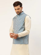 Jompers Men's Sky Blue Woven Design Nehru Jacket