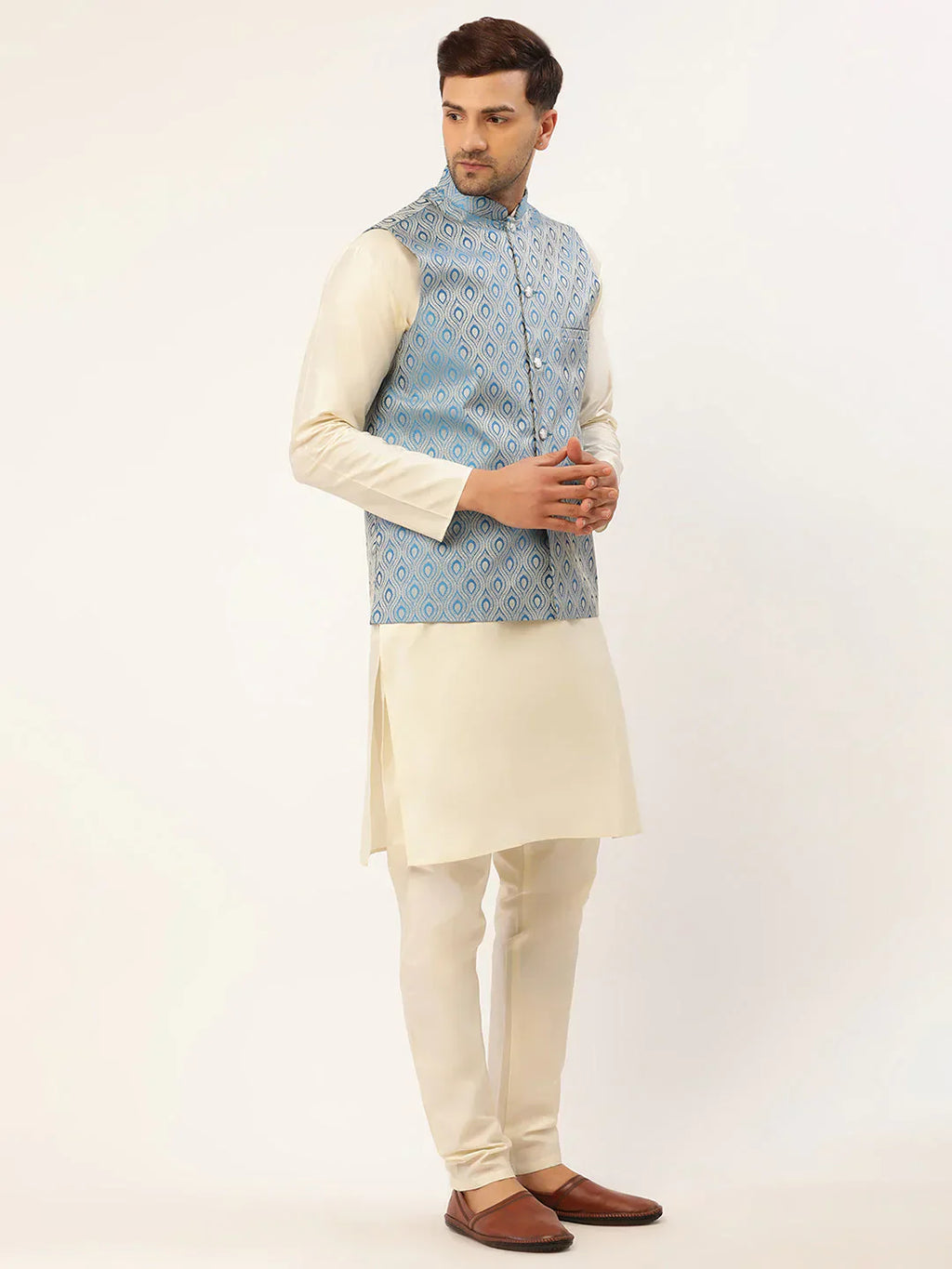 Jompers Men's Sky Blue Woven Design Nehru Jacket
