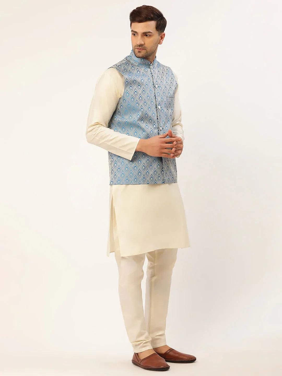Jompers Men's Sky Blue Woven Design Nehru Jacket