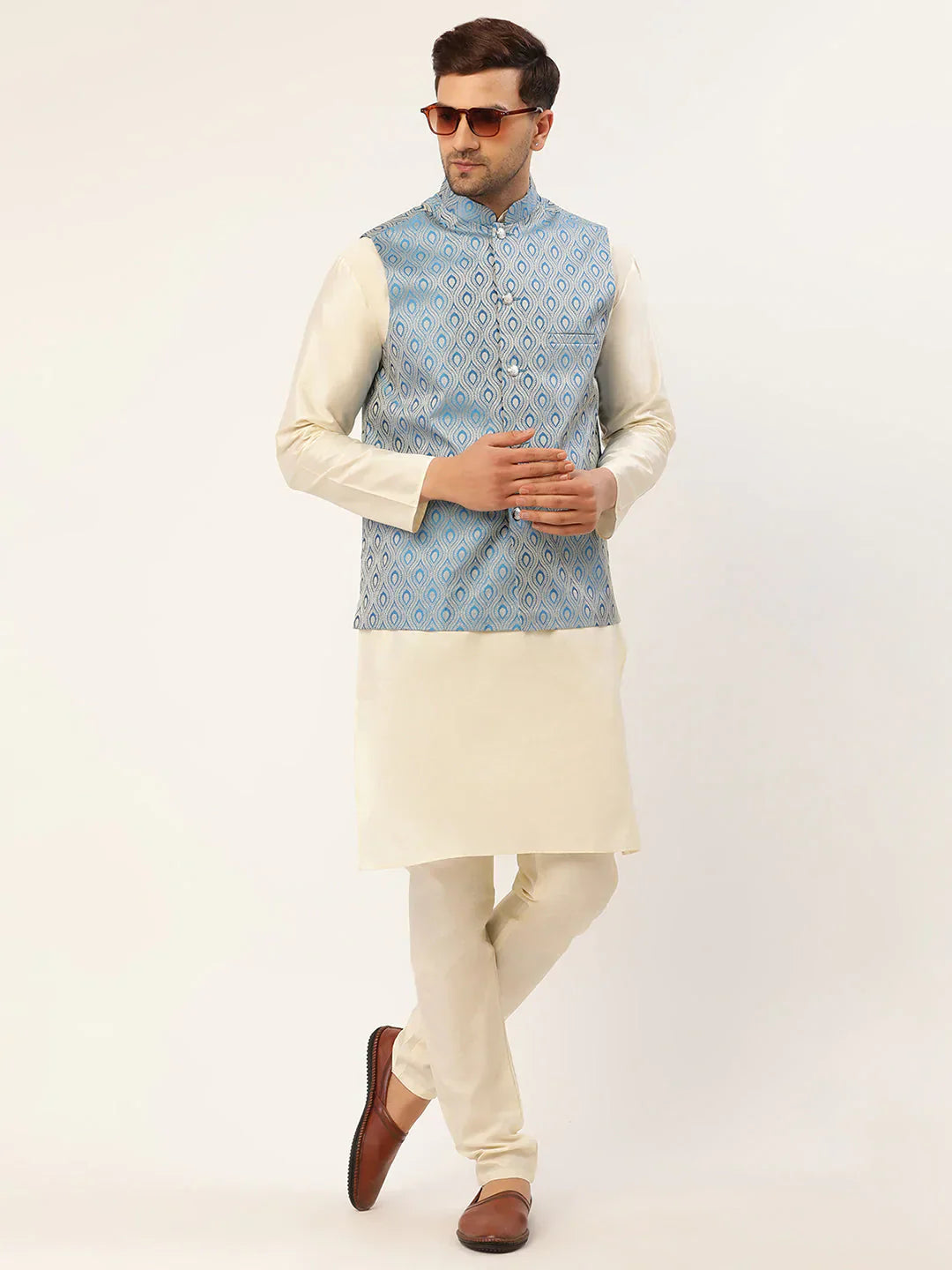 Jompers Men's Sky Blue Woven Design Nehru Jacket