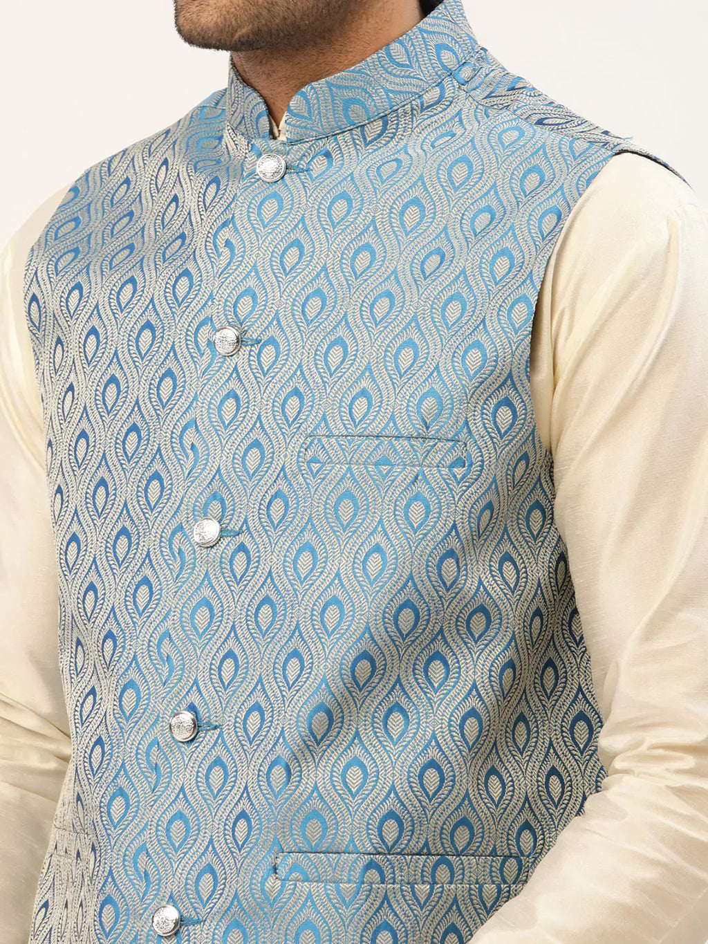Jompers Men's Sky Blue Woven Design Nehru Jacket