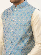 Jompers Men's Sky Blue Woven Design Nehru Jacket