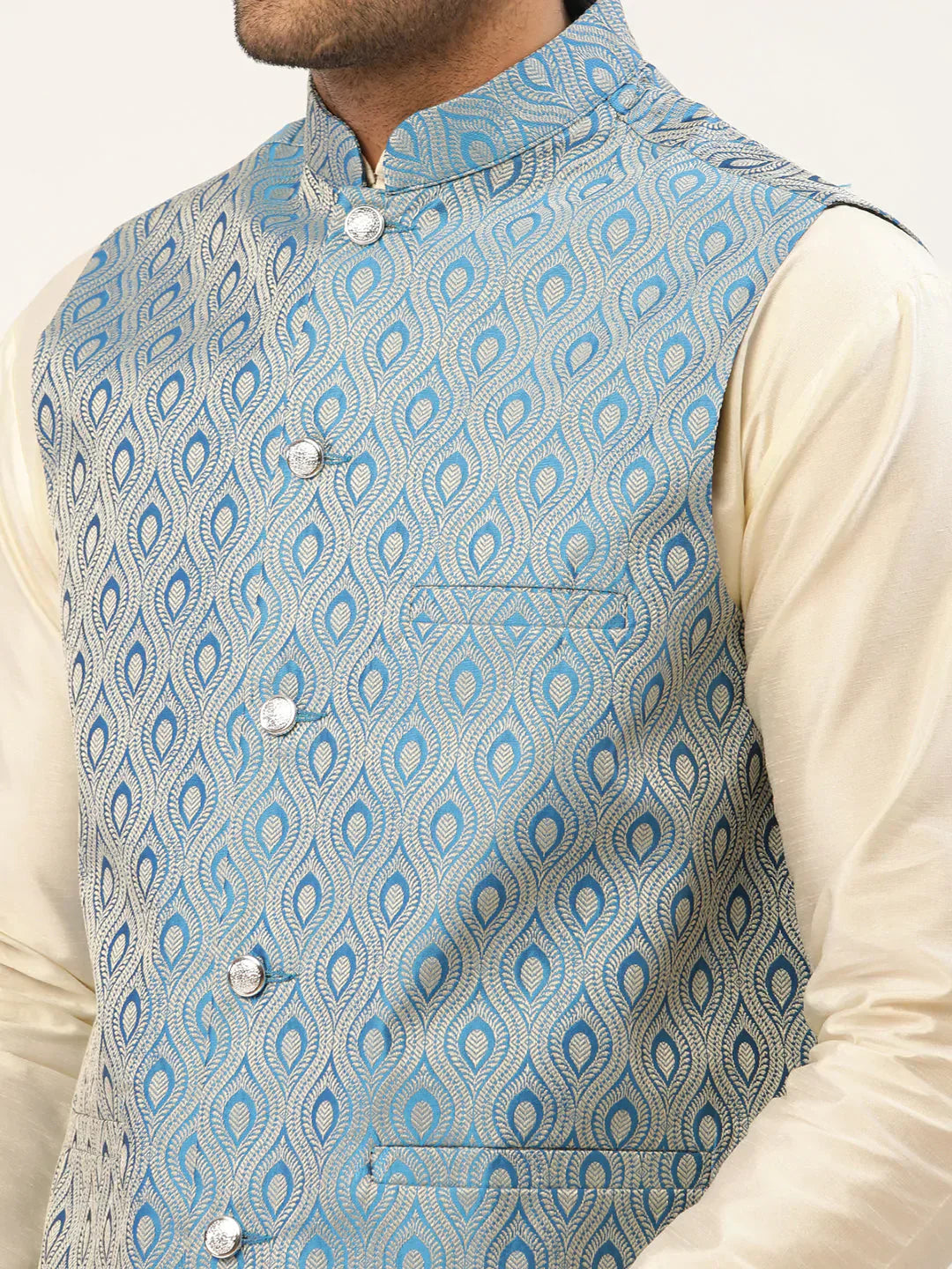 Jompers Men's Sky Blue Woven Design Nehru Jacket