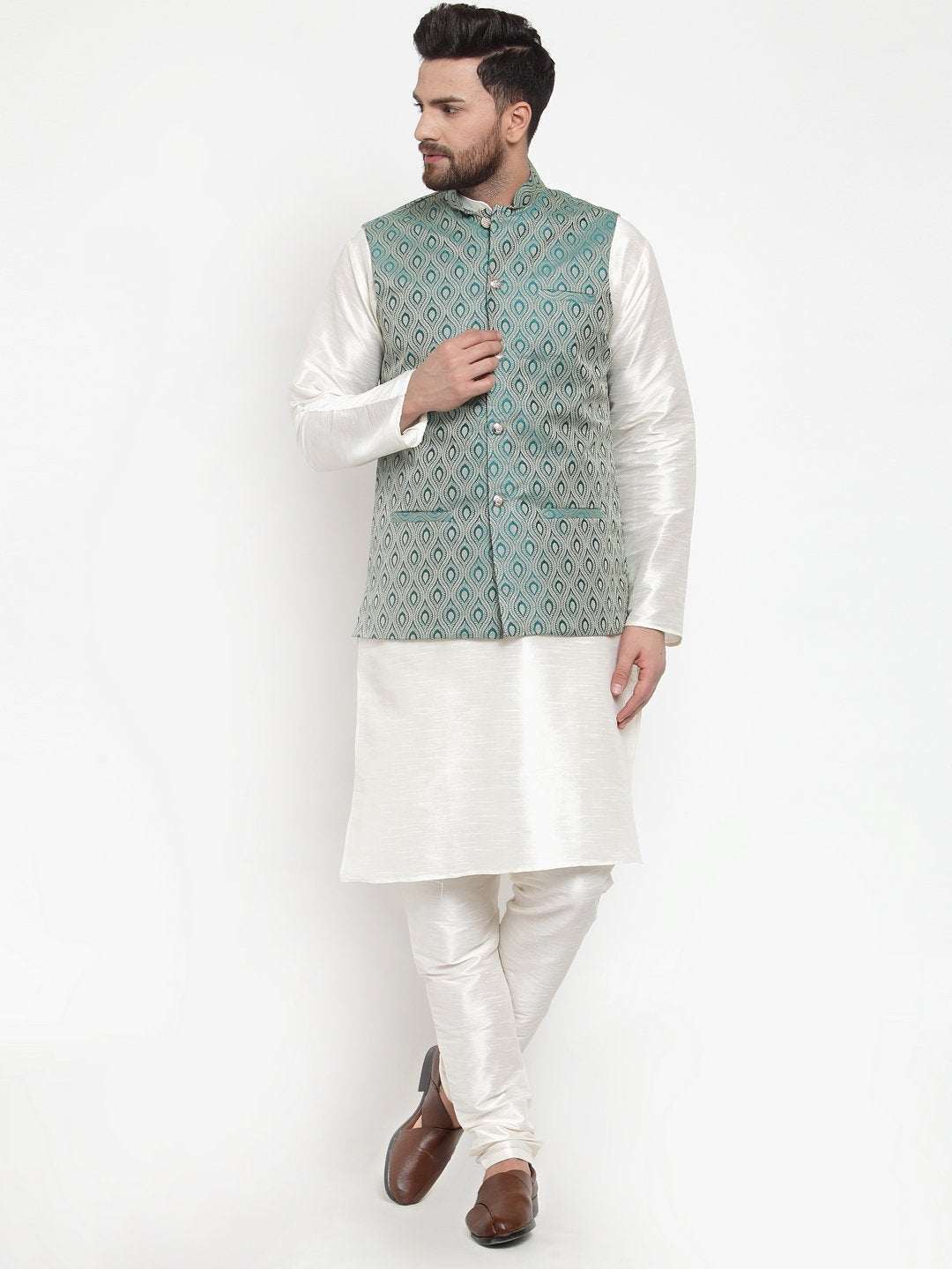 Jompers Men Green Woven Design Nehru Jacket - Distacart