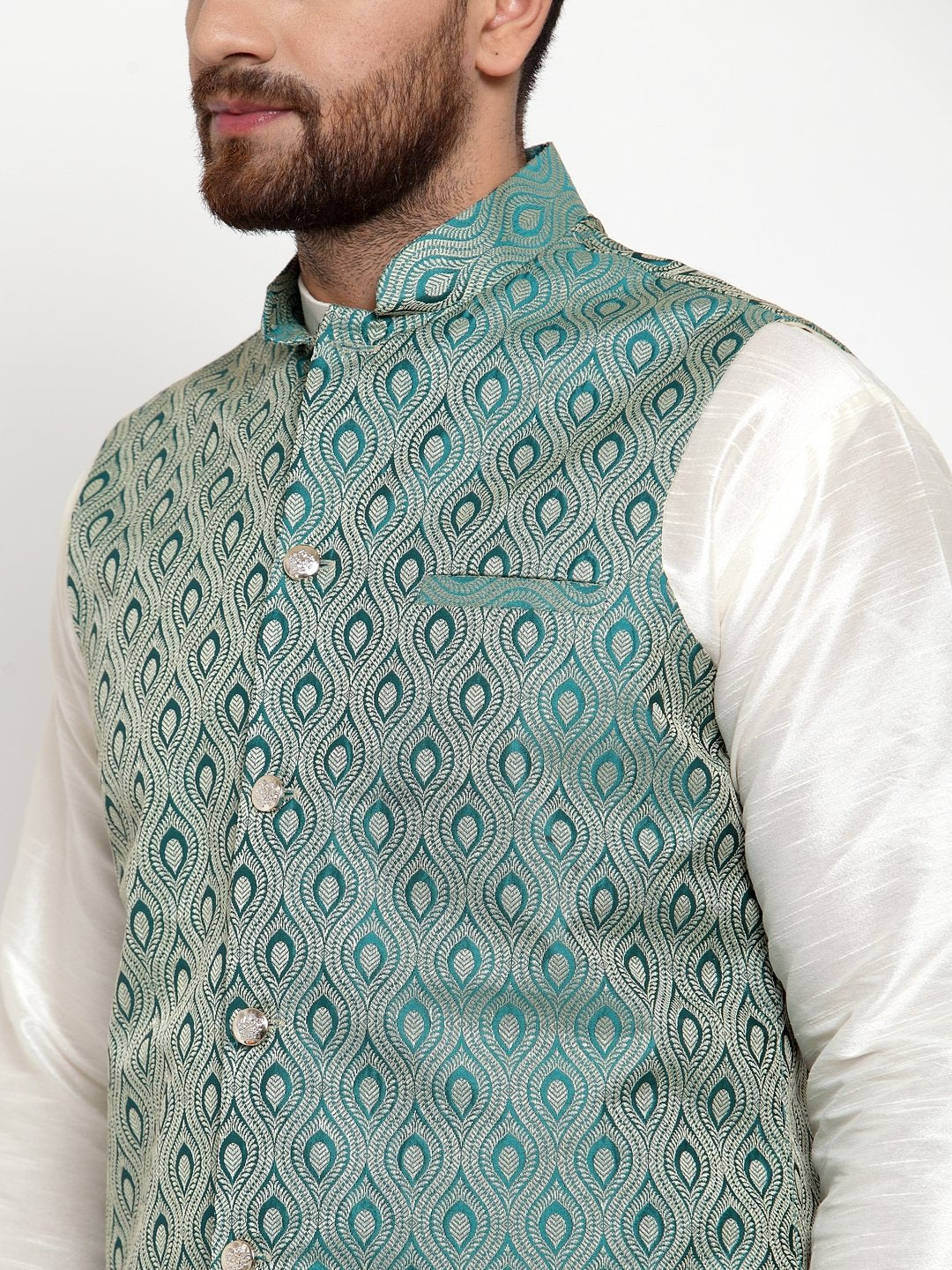 Jompers Men Green Woven Design Nehru Jacket - Distacart
