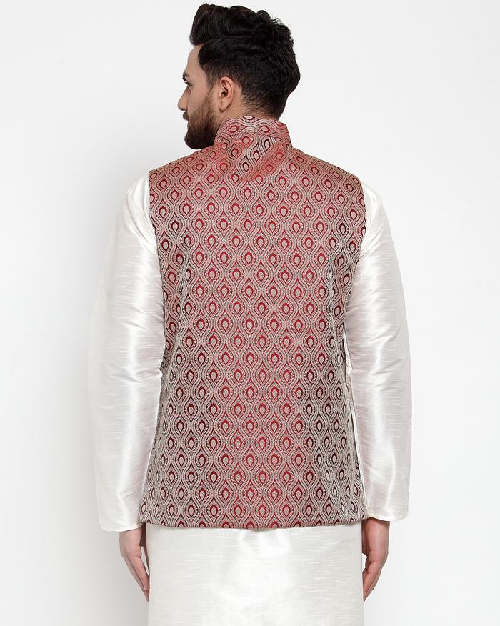 Jompers Men Maroon Woven Design Nehru Jacket - Distacart