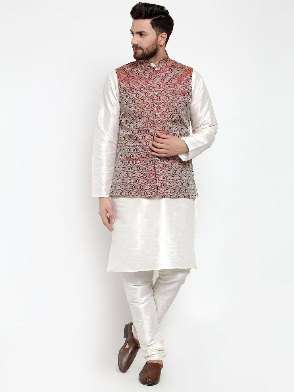 Jompers Men Maroon Woven Design Nehru Jacket - Distacart