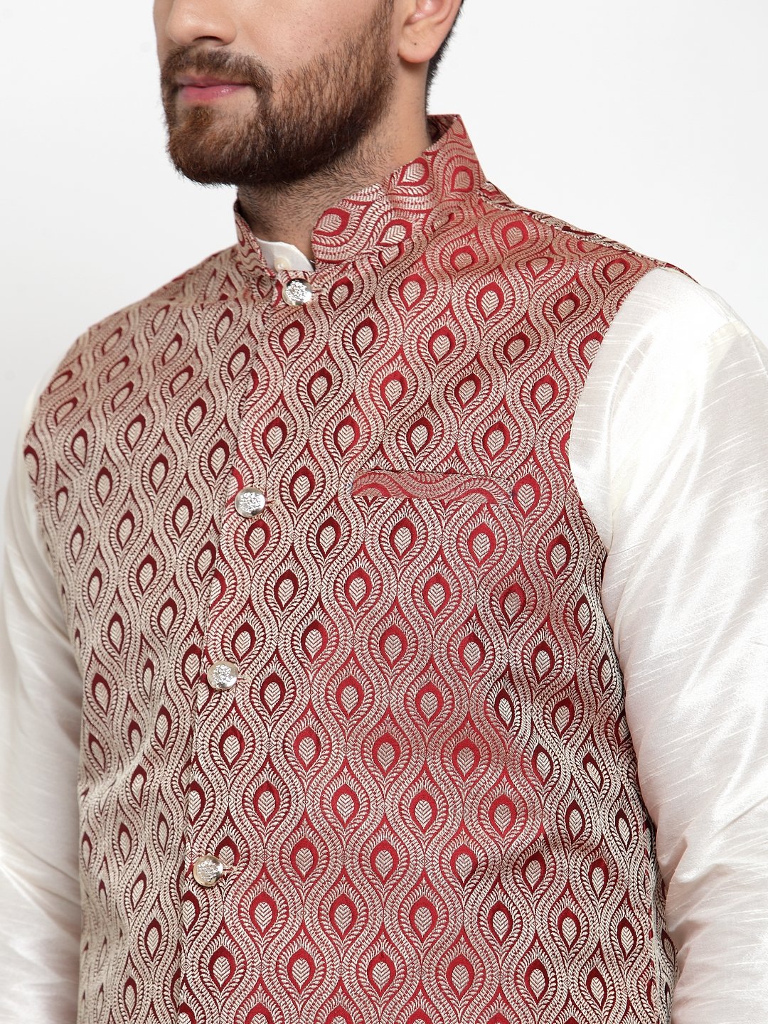 Jompers Men Maroon Woven Design Nehru Jacket - Distacart