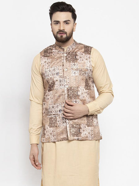 Jompers Men's Beige Printed Satin Nehru Jacket (JOWC-4007) Beige