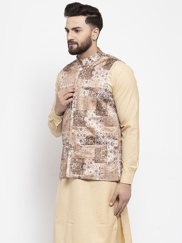 Jompers Men Beige Printed Satin Nehru Jacket - Distacart