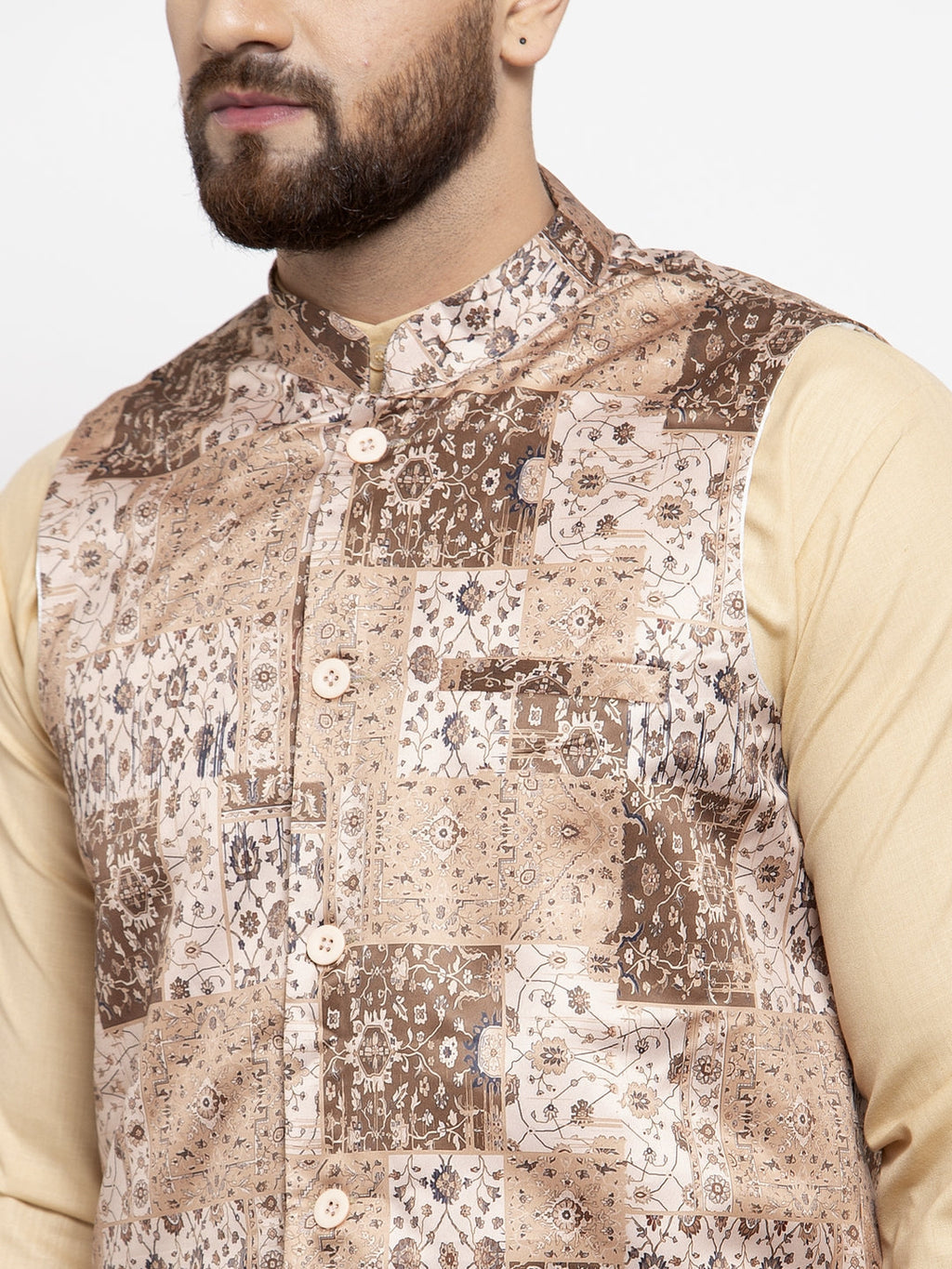 Jompers Men's Beige Printed Nehru Jacket