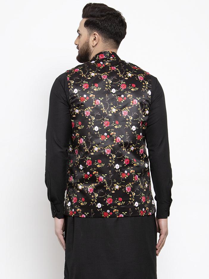 Jompers Men Black Printed Satin Nehru Jacket - Distacart