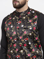 Jompers Men's Black Printed Nehru Jacket