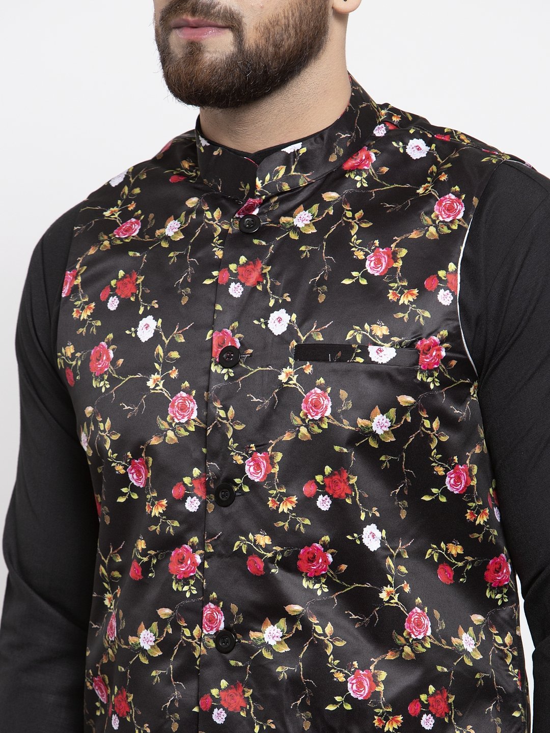 Jompers Men Black Printed Satin Nehru Jacket - Distacart