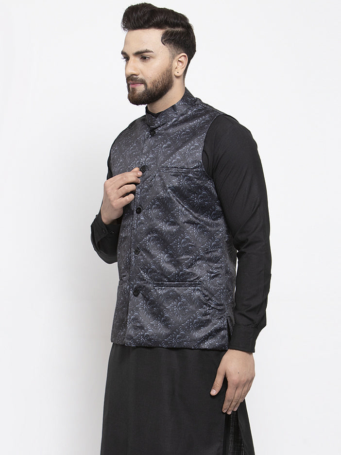 Jompers Men's Beautiful Grey Printed Nehru Jacket
