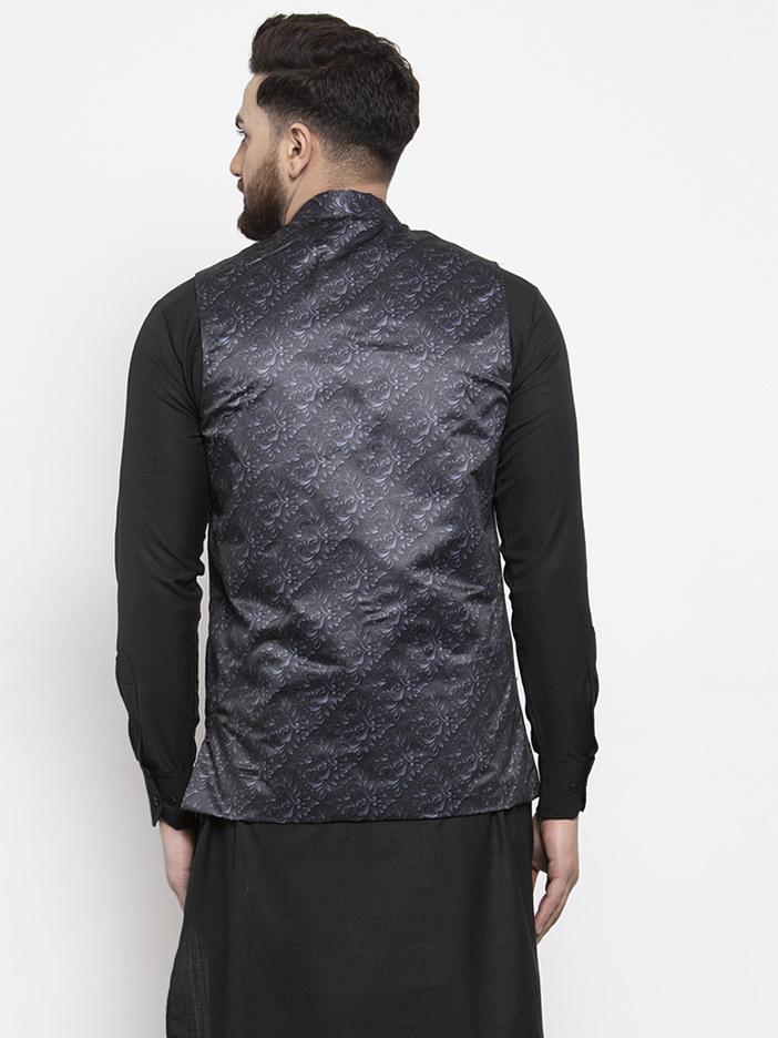 Jompers Men Charcoal Grey Printed Satin Nehru Jacket - Distacart