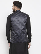 Jompers Men Charcoal Grey Printed Satin Nehru Jacket - Distacart