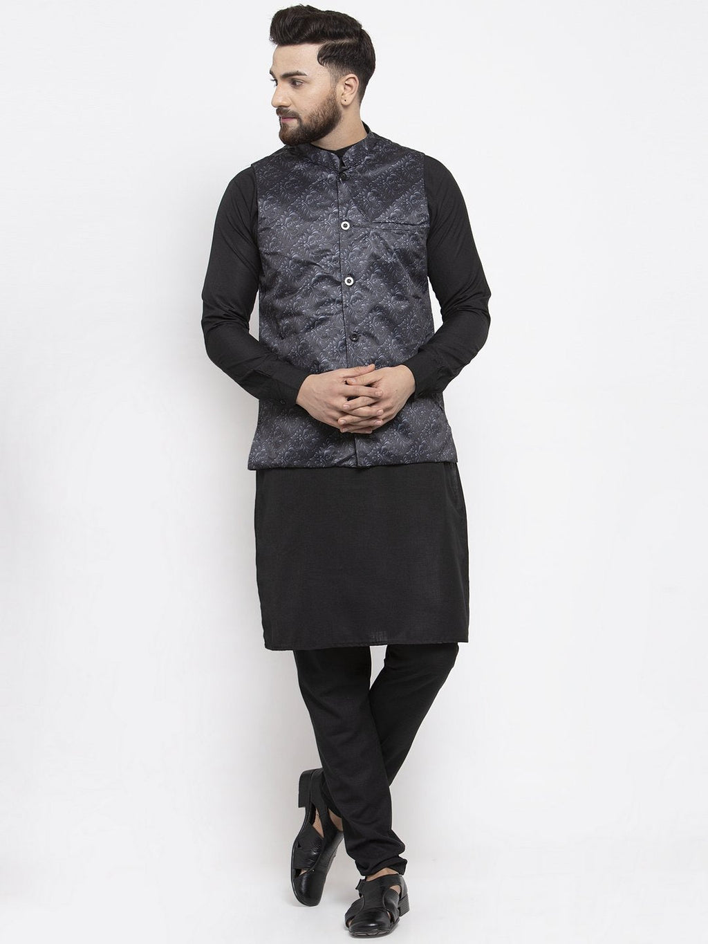 Jompers Men Charcoal Grey Printed Satin Nehru Jacket - Distacart
