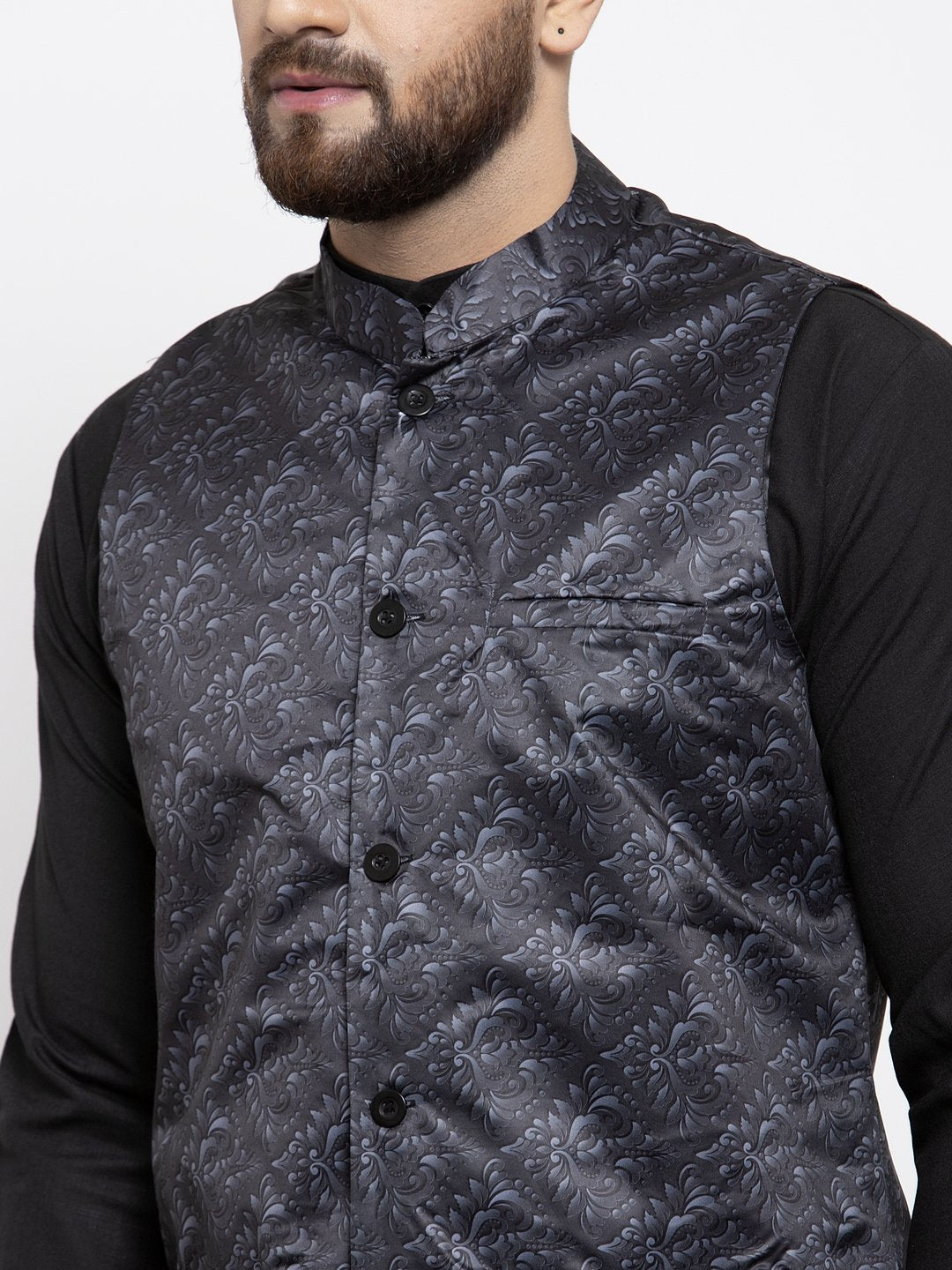 Jompers Men Charcoal Grey Printed Satin Nehru Jacket - Distacart
