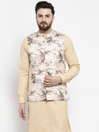 Jompers Men's Cream Printed Nehru Jacket