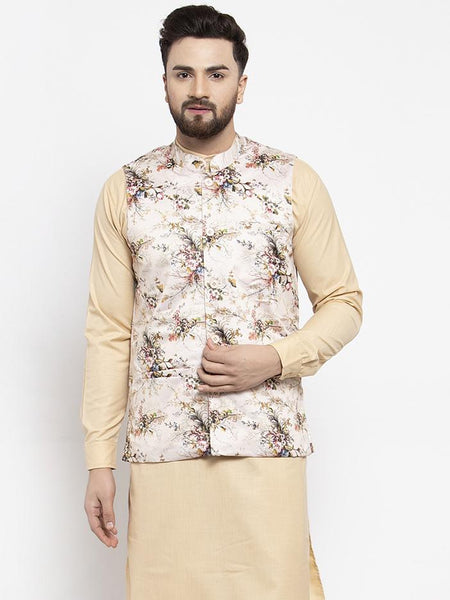Jompers Men Cream Printed Satin Nehru Jacket