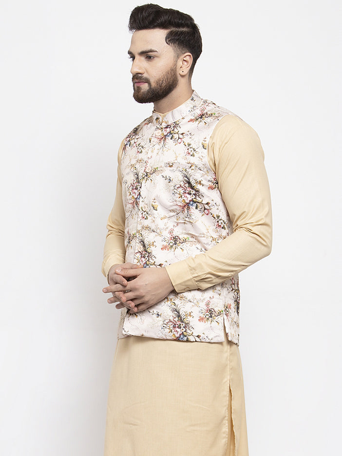 Jompers Men's Cream Printed Nehru Jacket
