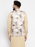 Jompers Men Cream Printed Satin Nehru Jacket - Distacart