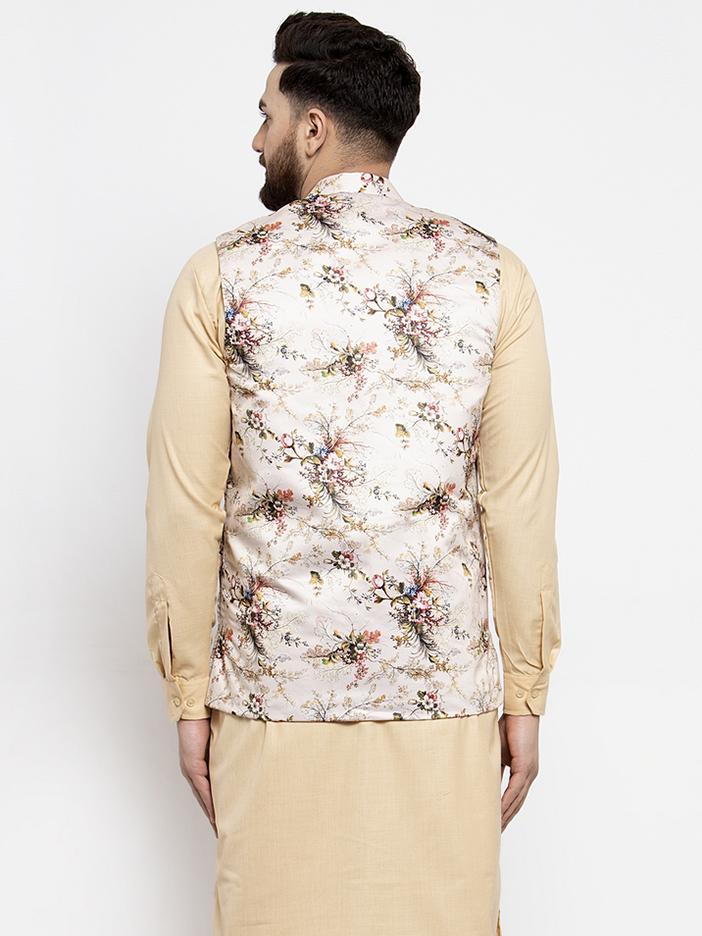 Jompers Men Cream Printed Satin Nehru Jacket - Distacart