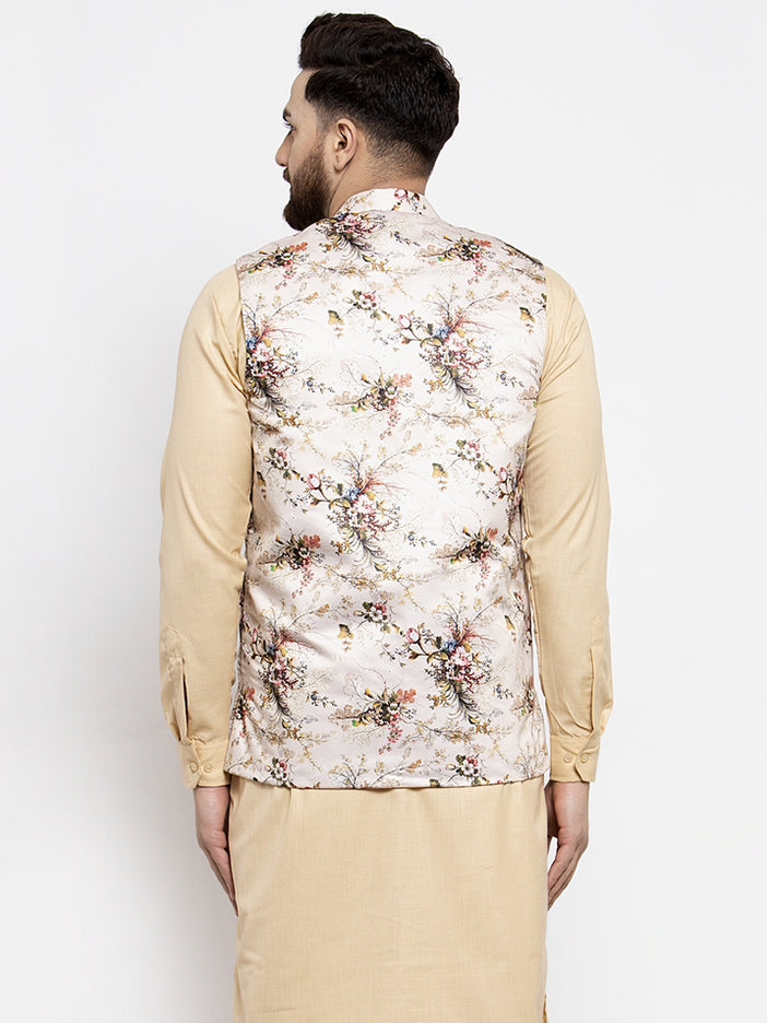 Jompers Men's Cream Printed Nehru Jacket