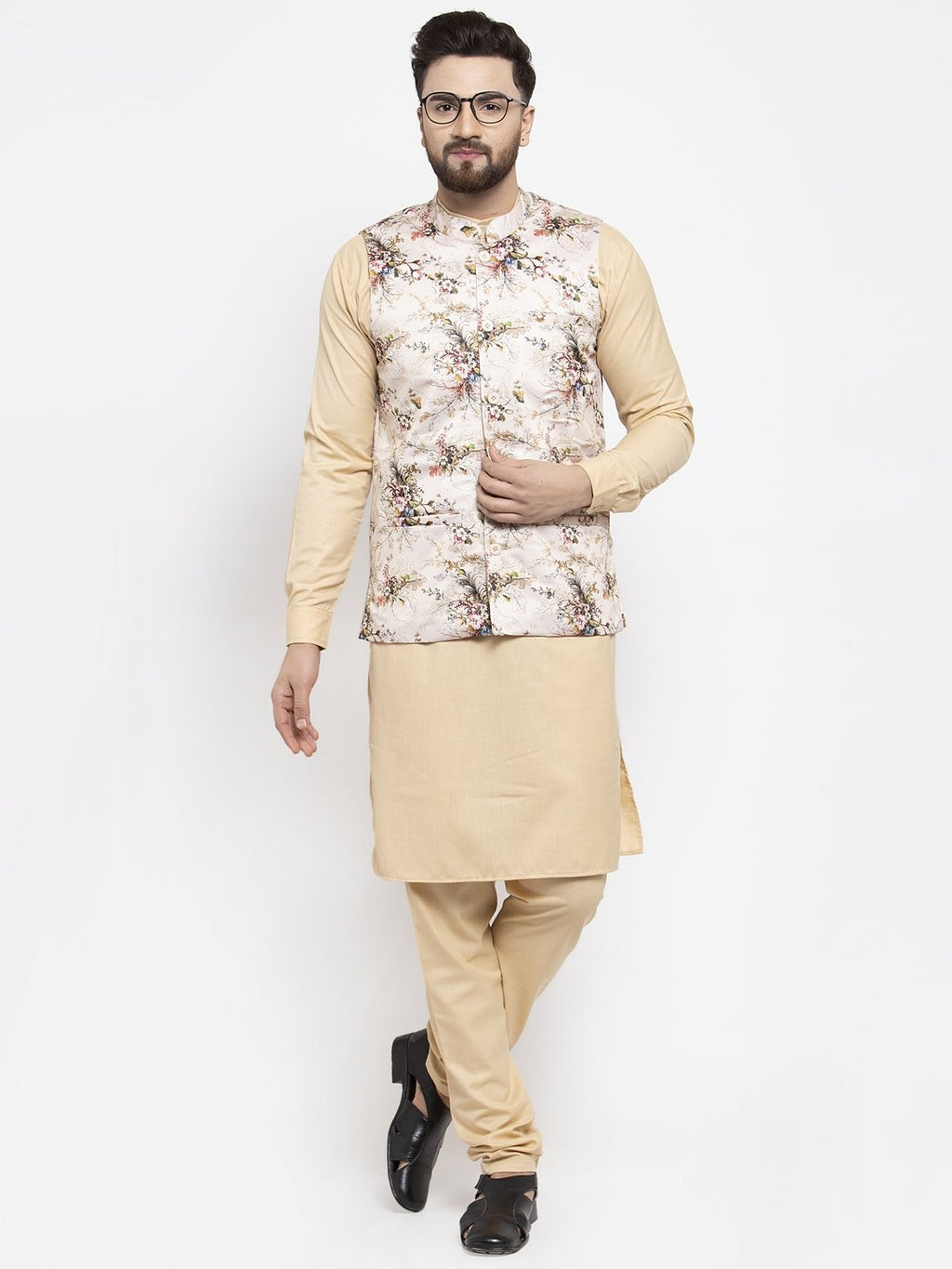 Jompers Men Cream Printed Satin Nehru Jacket - Distacart