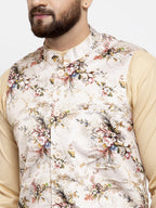 Jompers Men's Cream Printed Nehru Jacket