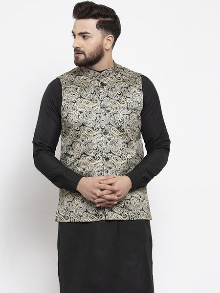 Jompers Men Golden Printed Satin Nehru Jacket