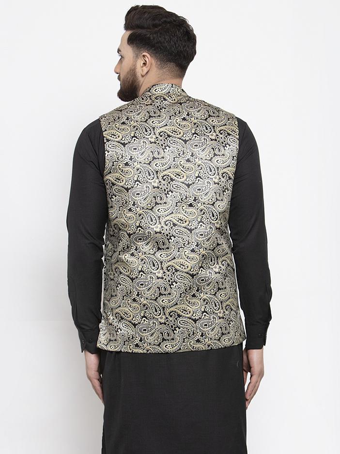 Jompers Men Golden Printed Satin Nehru Jacket - Distacart