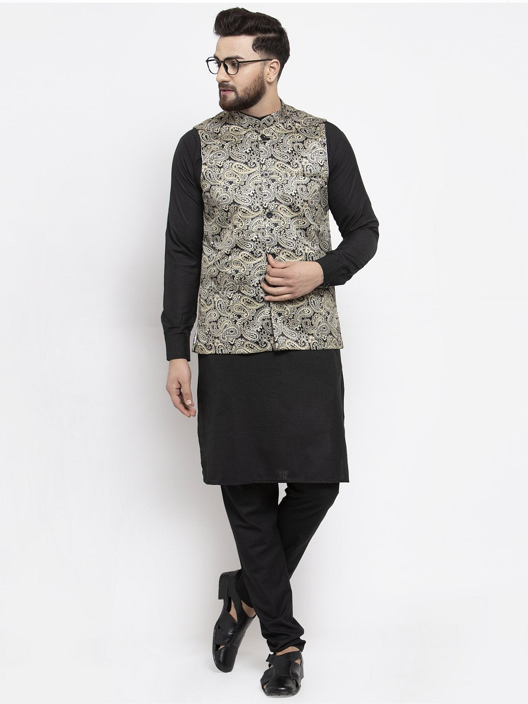Jompers Men Golden Printed Satin Nehru Jacket - Distacart