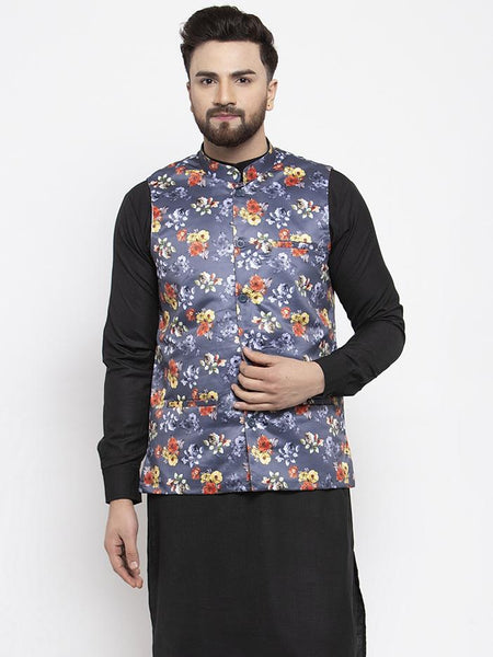 Jompers Men Grey Printed Satin Nehru Jacket