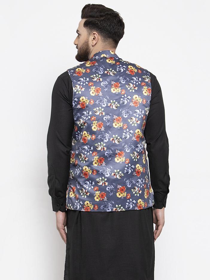 Jompers Men Grey Printed Satin Nehru Jacket - Distacart